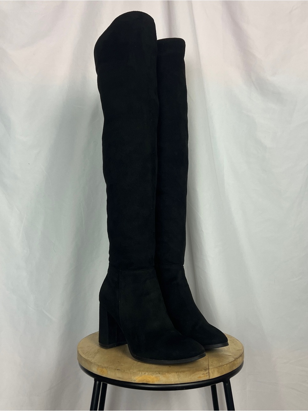 Black Faux Suede Thigh High Heeled Boots